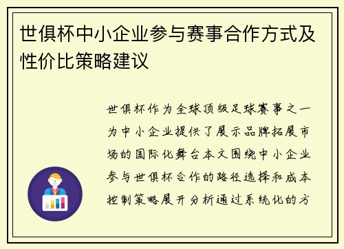 世俱杯中小企业参与赛事合作方式及性价比策略建议