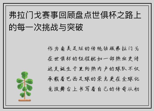 弗拉门戈赛事回顾盘点世俱杯之路上的每一次挑战与突破